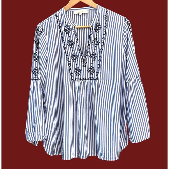 LOFT Blue White Striped Boho Embroidered Blouse Peasant Tunic Top Large Petite - Picture 1 of 7